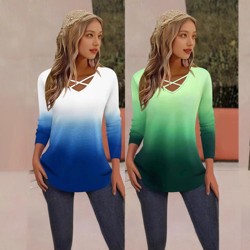 Long sleeve women's t-shirt with V-neck and gradient Lune London