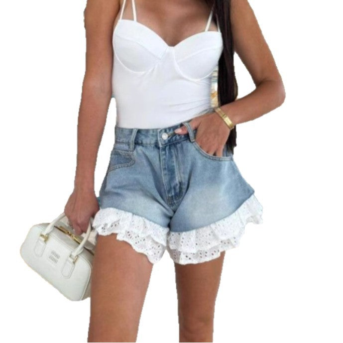 Ladies' denim shorts with decorative lace trim and high waistband Lune London