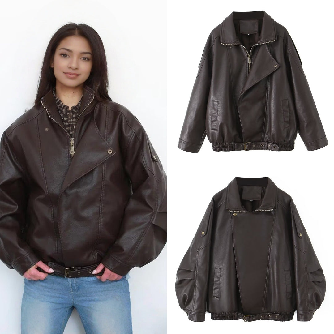 Women's oversized casual faux leather jacket with drawstring waist Lune London