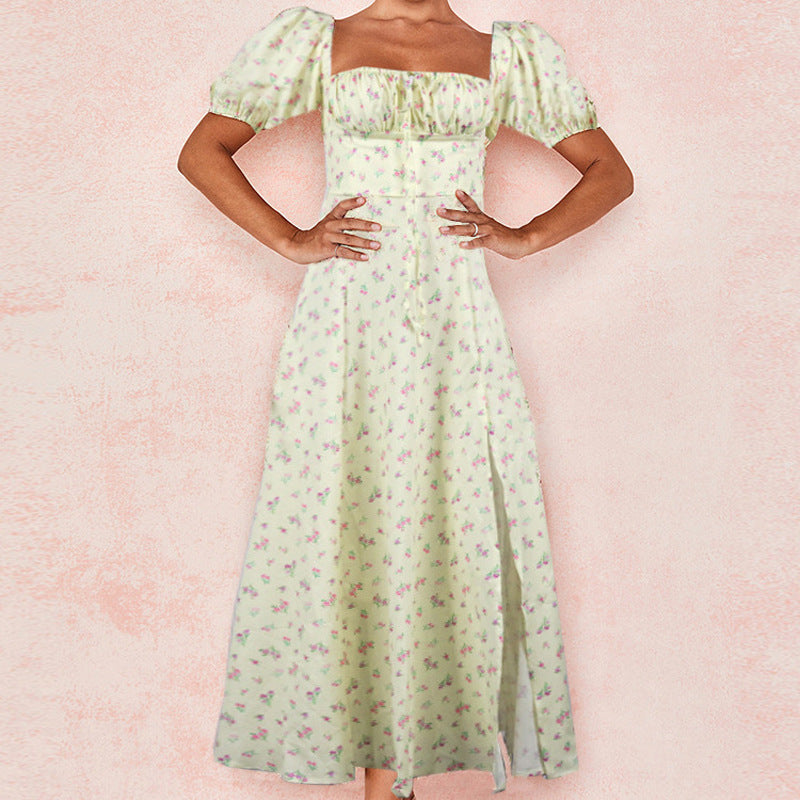 Maxi dress for women with romantic floral print and puff sleeve design Lune London