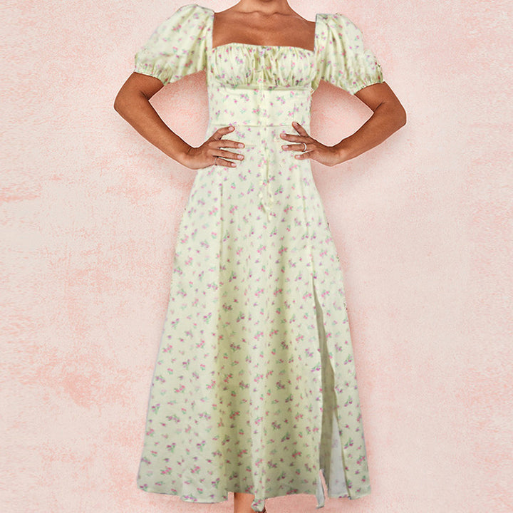 Maxi dress for women with romantic floral print and puff sleeve design Lune London