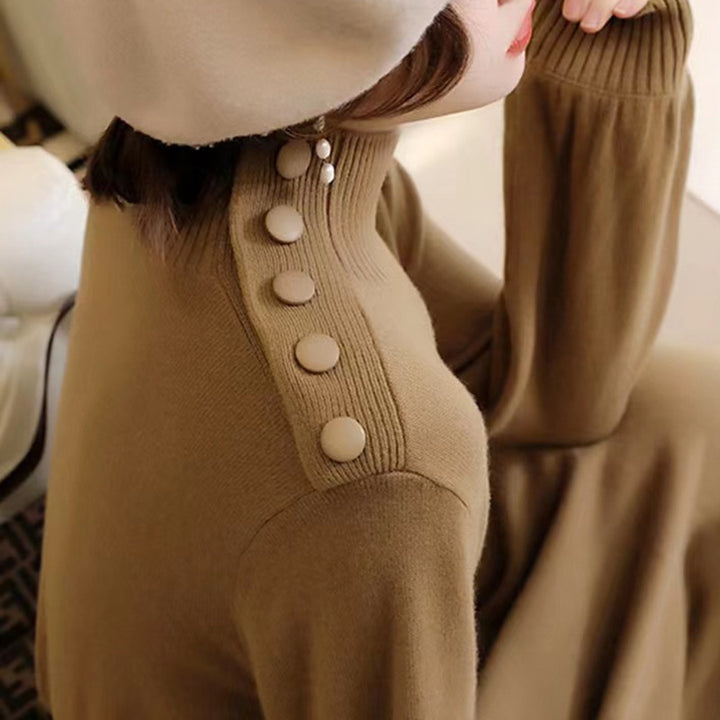 Ladies Elegant maxi knit dress with high collar and decorative buttons Lune London