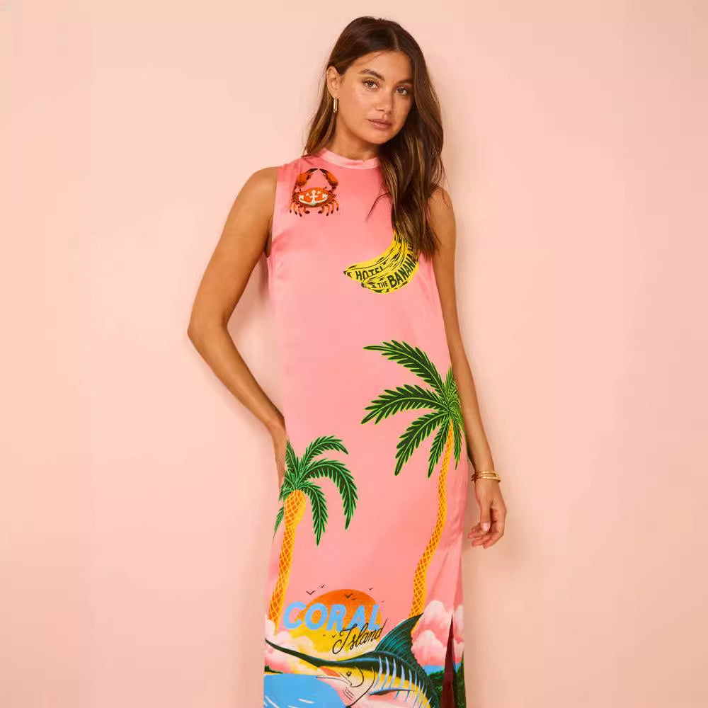 Maxi dress for women with colorful tropical pattern and high collar design Chic & Stil