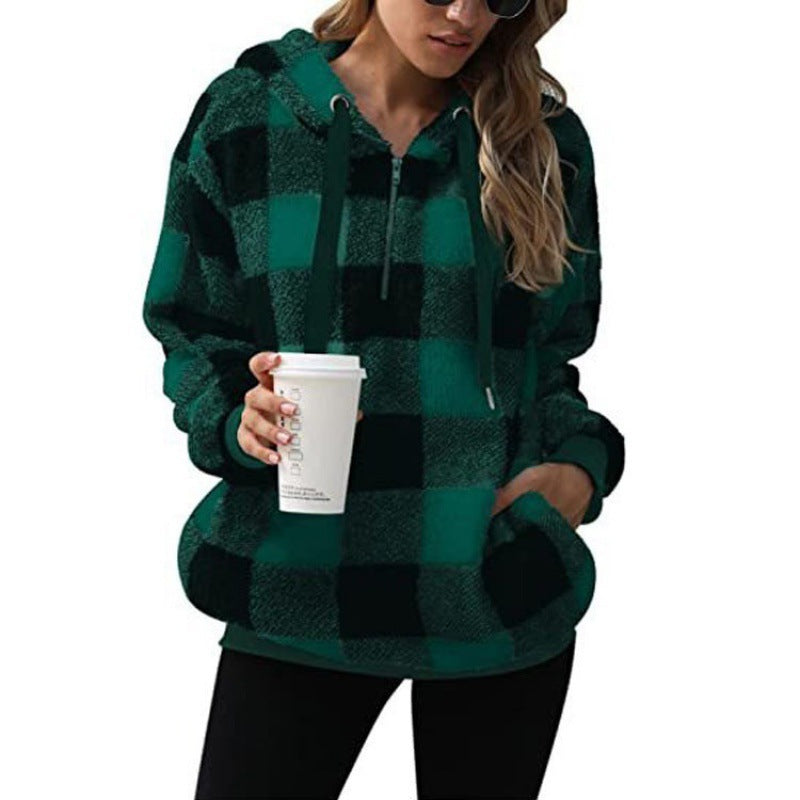 Plaid hooded sweatshirt for women with zipper and kangaroo pocket Lune London
