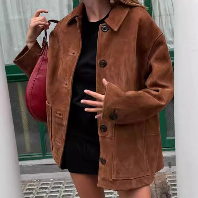 Oversized suede jacket for women with button details Lune London