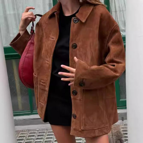 Oversized suede jacket for women with button details Lune London
