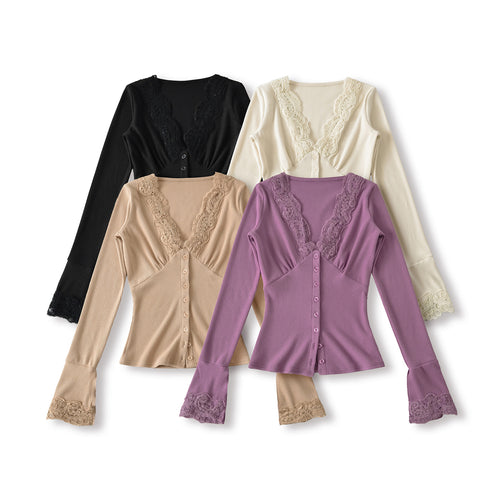 Women's long sleeve t-shirt with feminine lace collar and button detail Lune London