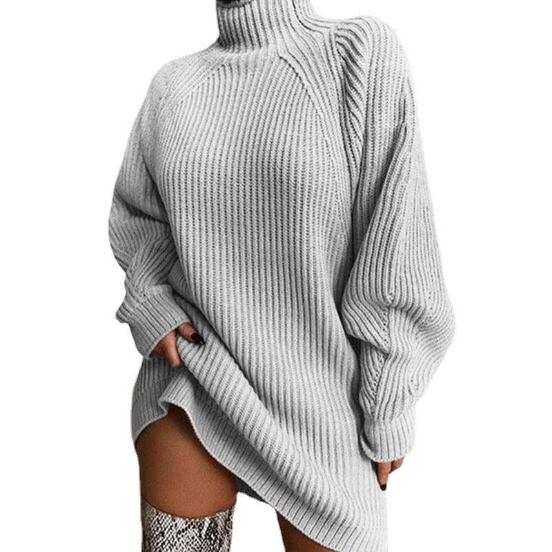 Chunky knit sweater for women with high turtleneck and side slit Lune Londonl