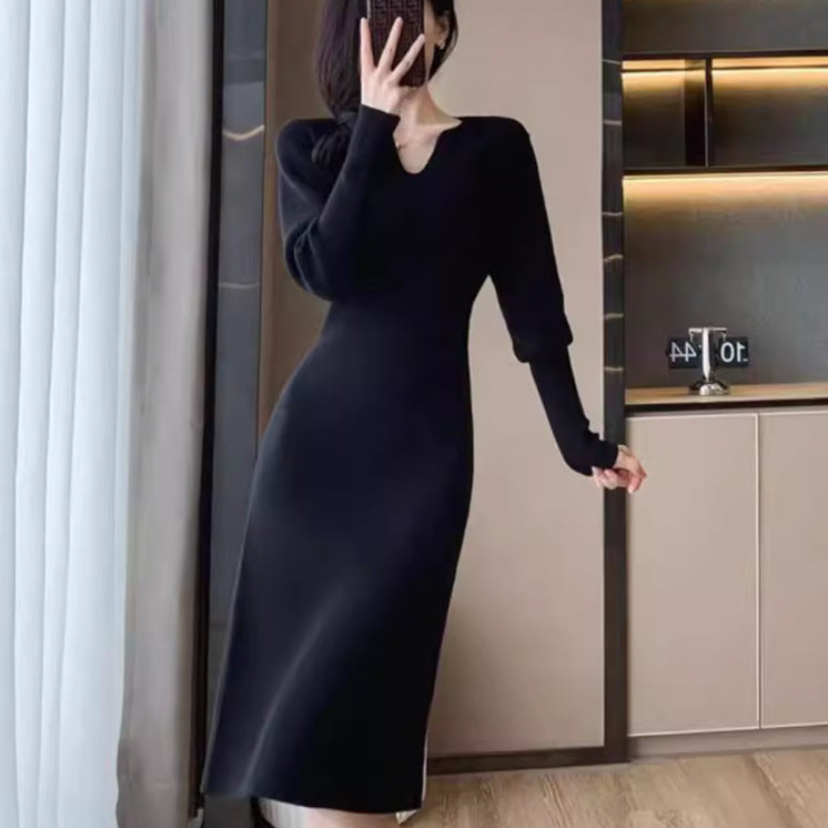 Knit dress for women with deep V-neck and specially designed structure Lune London