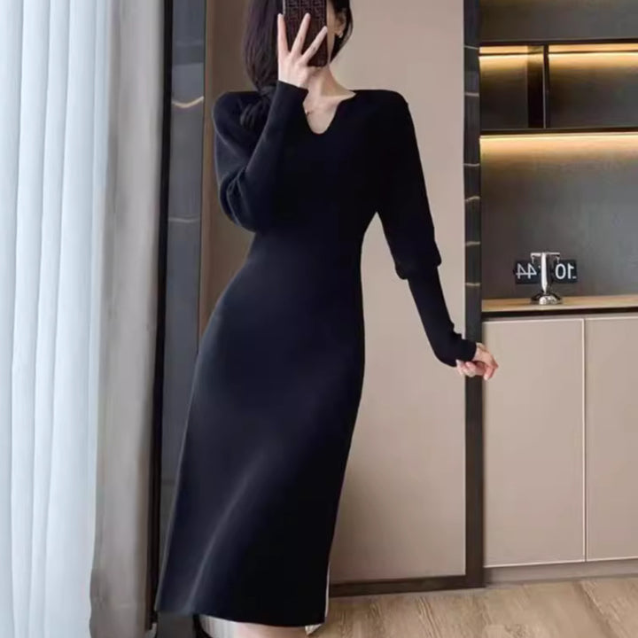 Knit dress for women with deep V-neck and specially designed structure Lune London