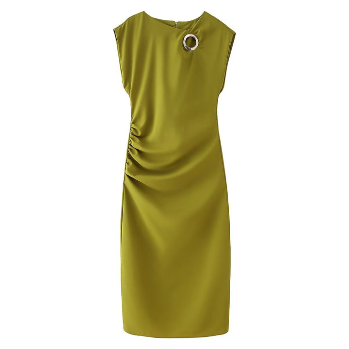 Elegant jersey dress for women with detailed ruffles and refined jewelry element Lune London