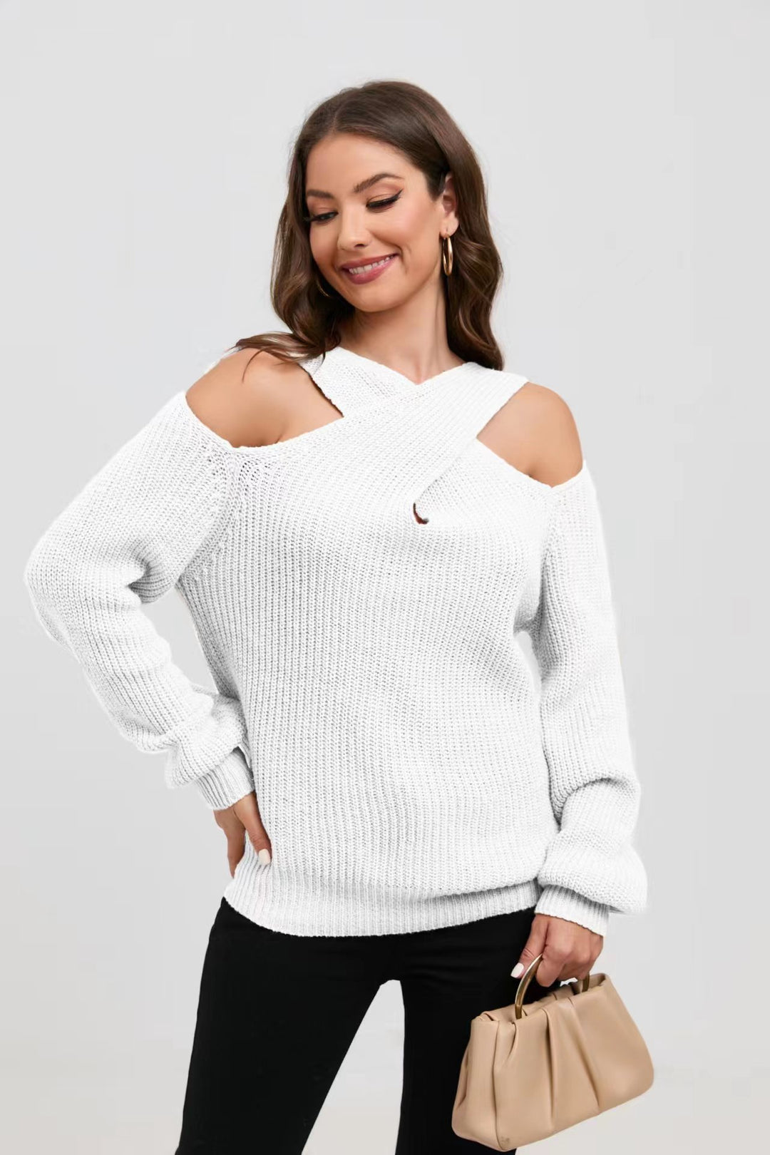 Knit sweater with off-the-shoulder design for women with asymmetrical design Lune London