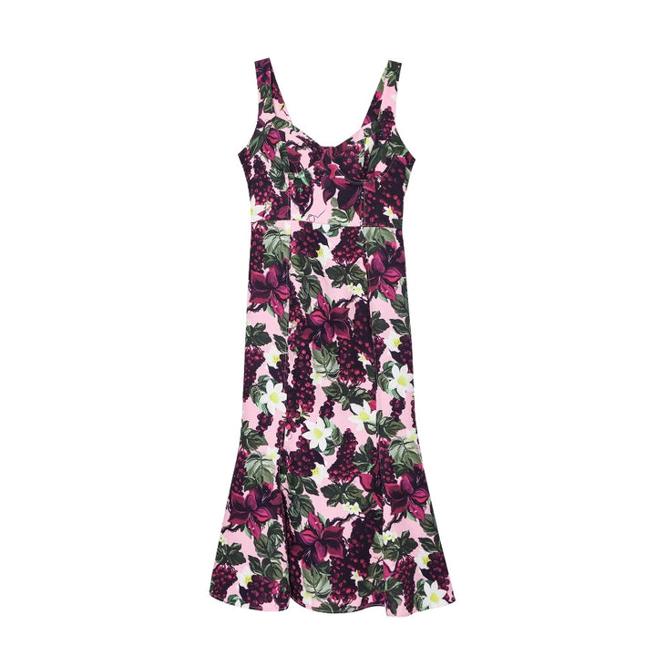 Maxi dress for women with a floral design featuring a fluid hem and a deep V neck Lune London