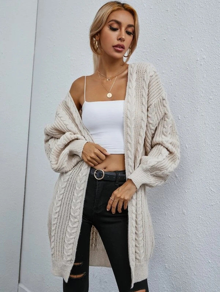 Ladies chunky knit cardigan with hood and cable design Lune London