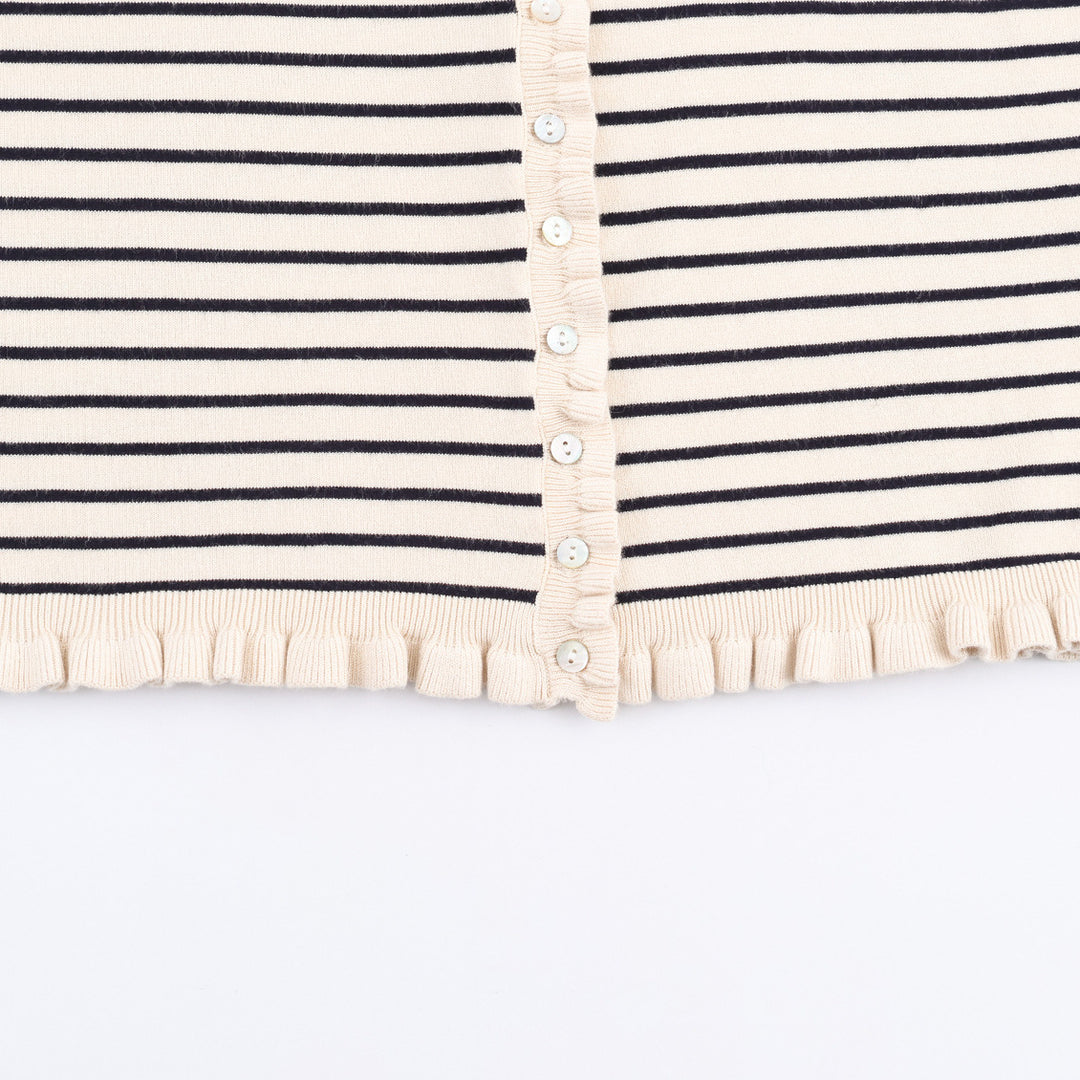 Striped knit jacket for women with ruffle details and button closure Lune London
