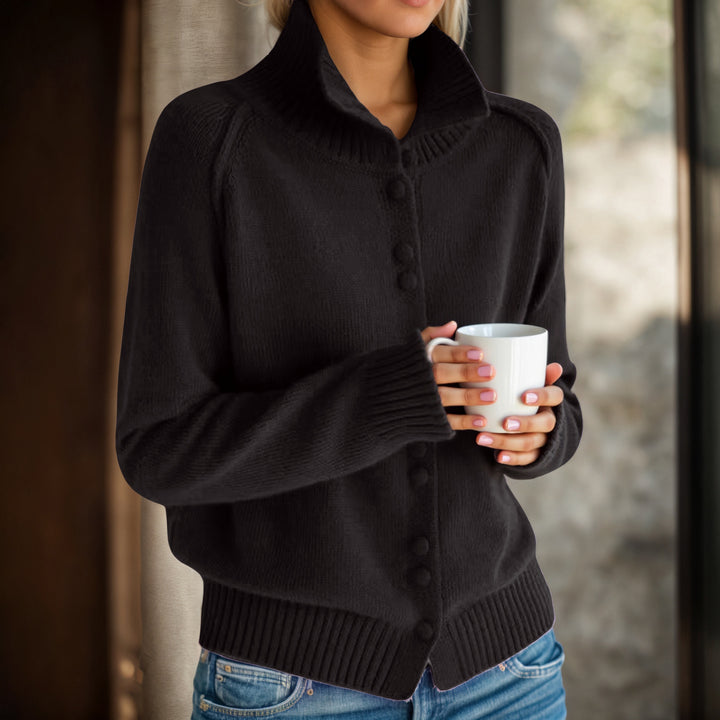 Women's knitted jacket with high collar and stylish button details Lune London