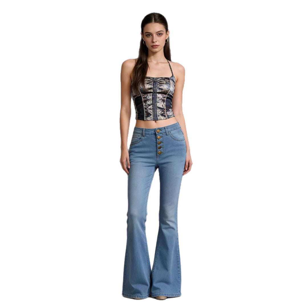 Women’s flared jeans with colorful button details and high waistband Lune London