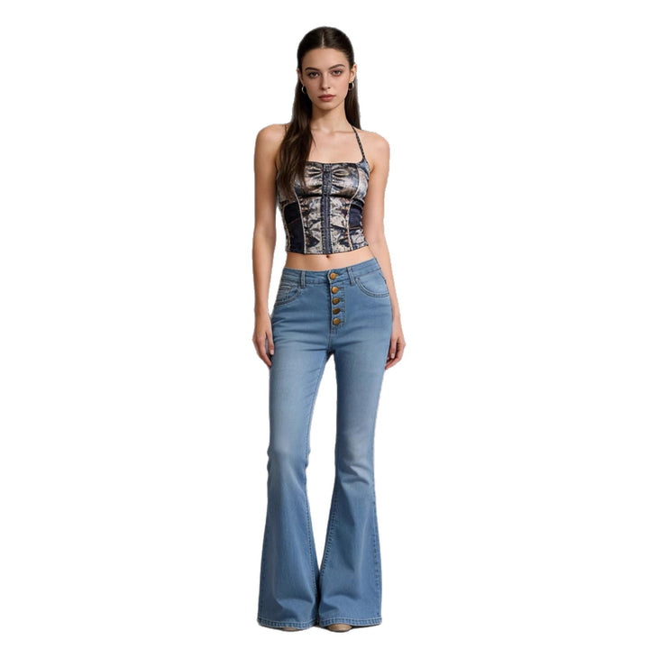 Women’s flared jeans with colorful button details and high waistband Lune London