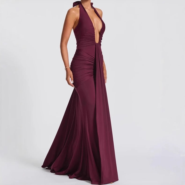Woman Elegant Maxi Dress with Deep V Neckline and Chic Ruching