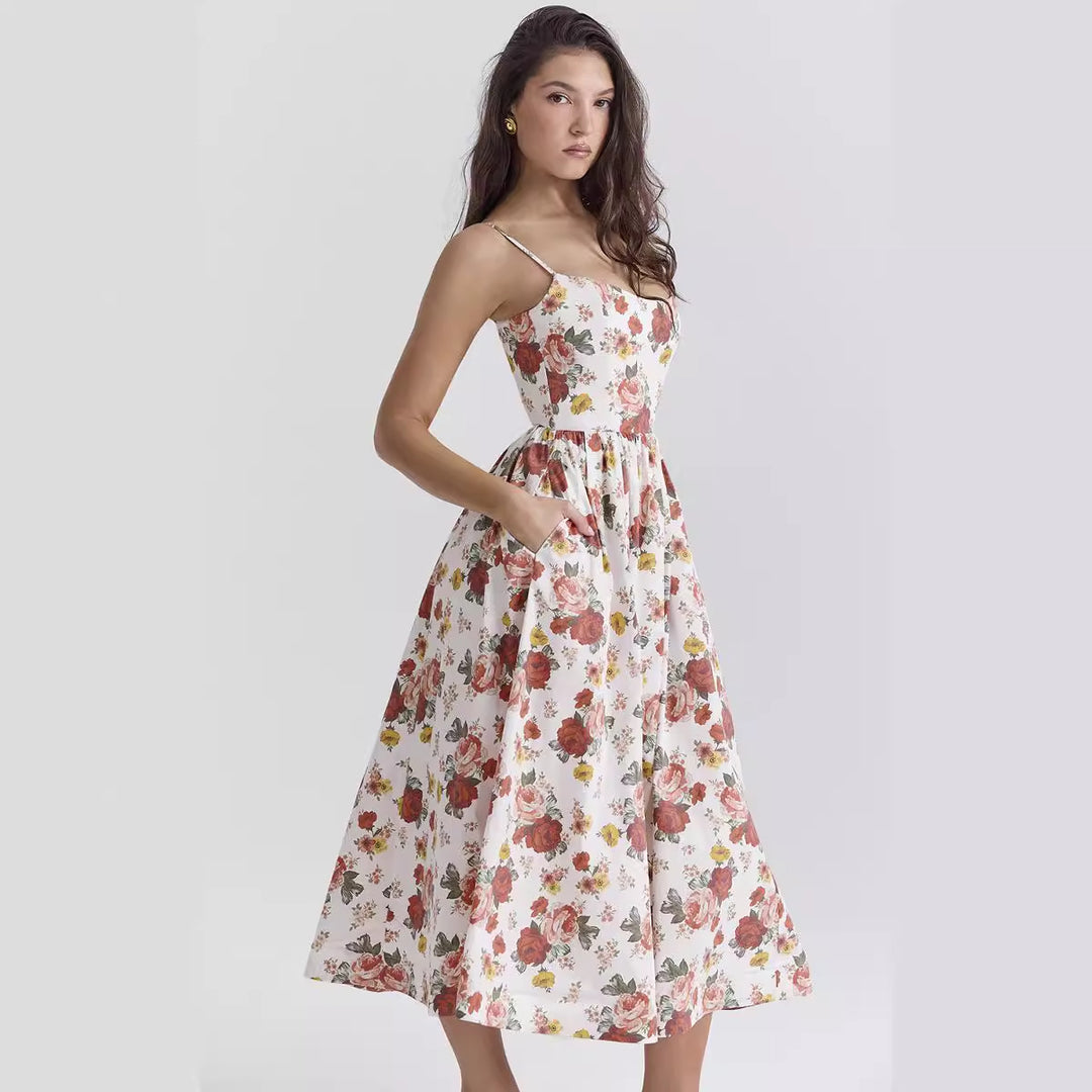 Women’s midi floral dress with strapless style and swinging skirt Lune London