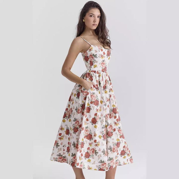 Women’s midi floral dress with strapless style and swinging skirt Lune London