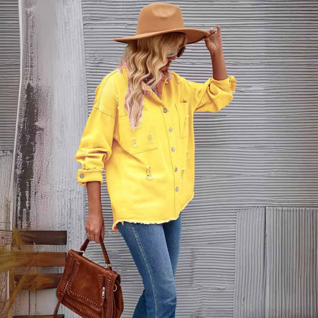 Oversized denim jacket for women with distressing effects