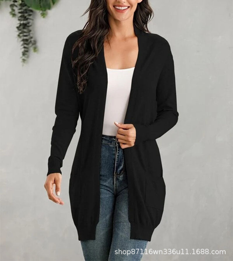 Ladies Long Cardigan with open front and practical pockets Lune London