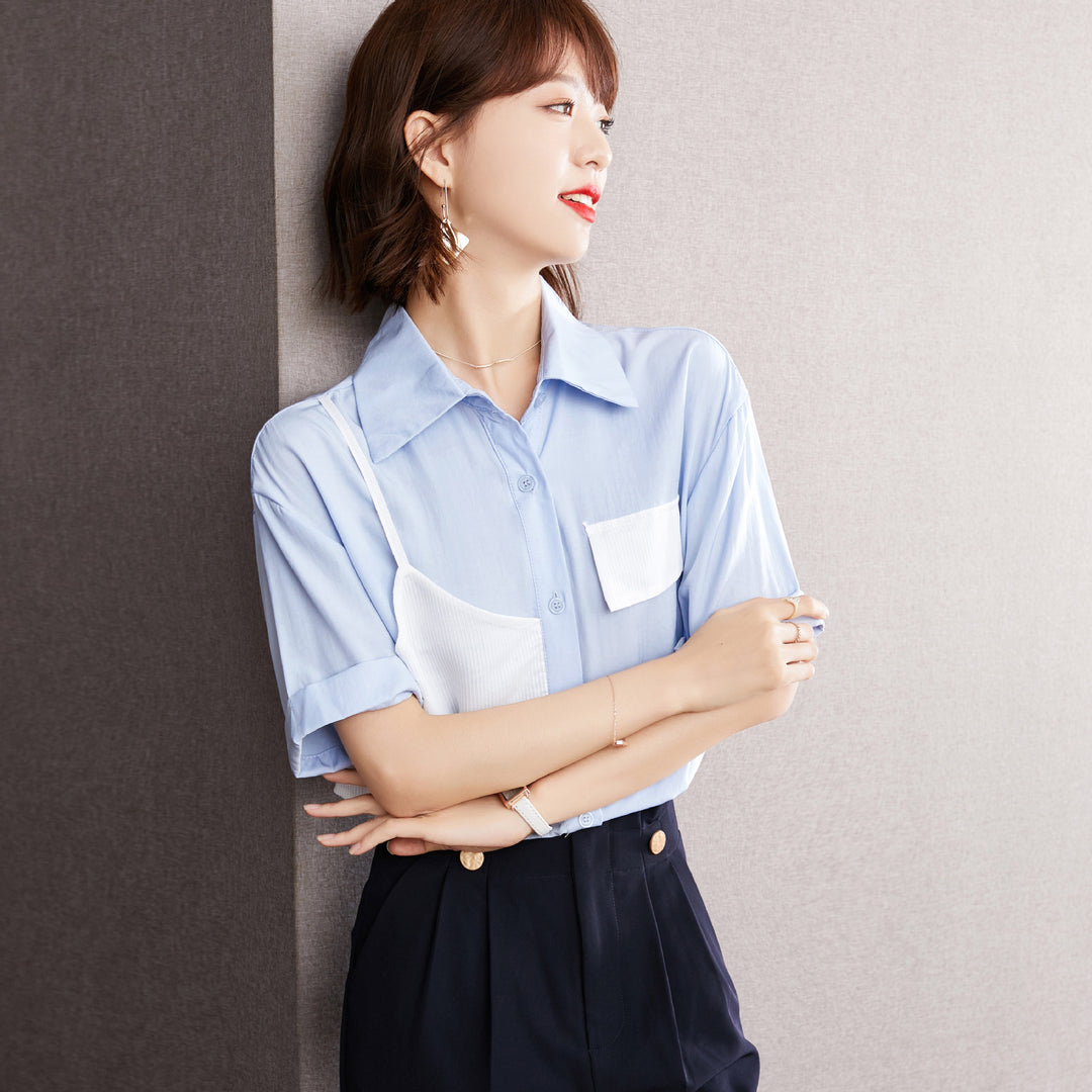 Chemisier à manches courtes femme tendance avec des inserts contrastants Chic & Stil