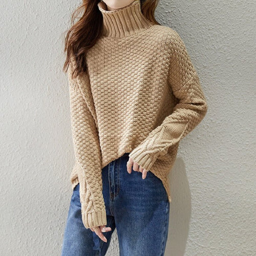 Ladies chunky knit sweater with high collar and structured design Lune London