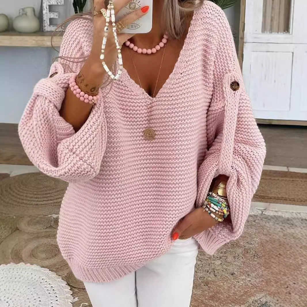 Ladies chunky knit sweater with V-neck Lune London