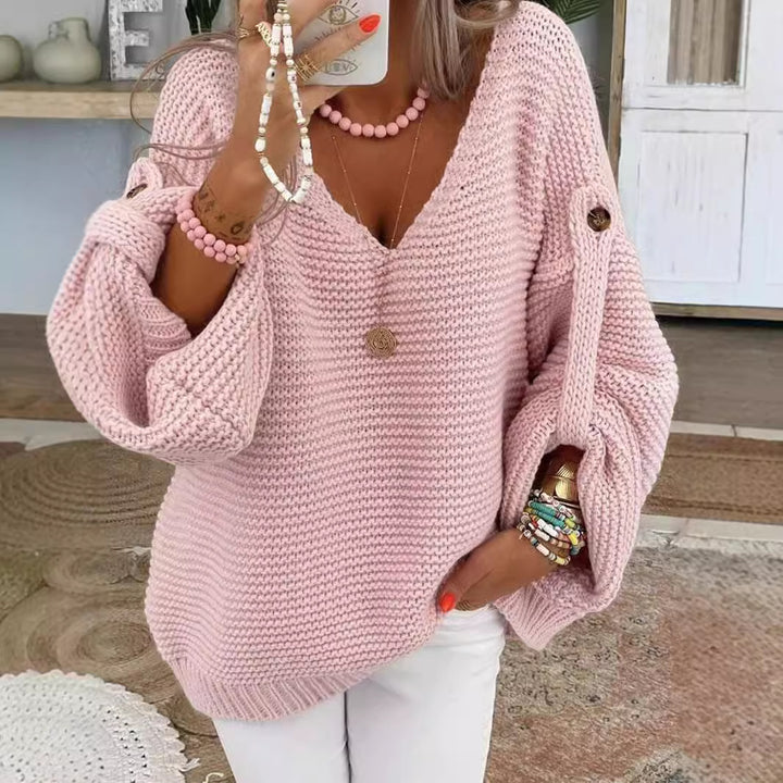 Ladies chunky knit sweater with V-neck Lune London