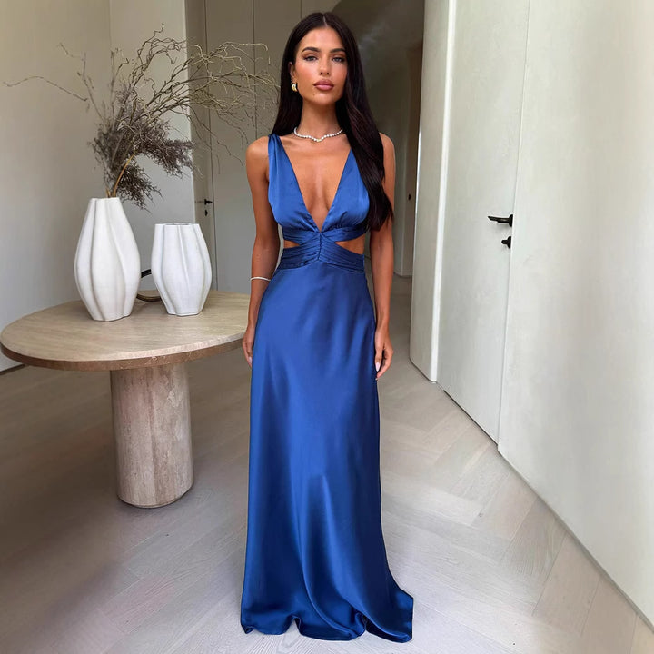Women’s evening dress with deep V-neck and sophisticated cut-out details Lune London