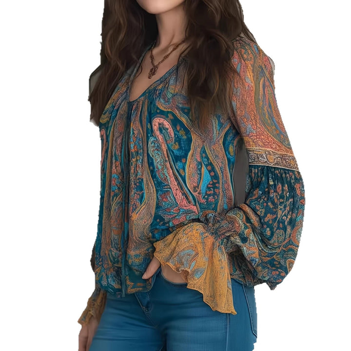Women’s Boho-Chic Blouse with Flamed Sleeves and V-Neck Lune London