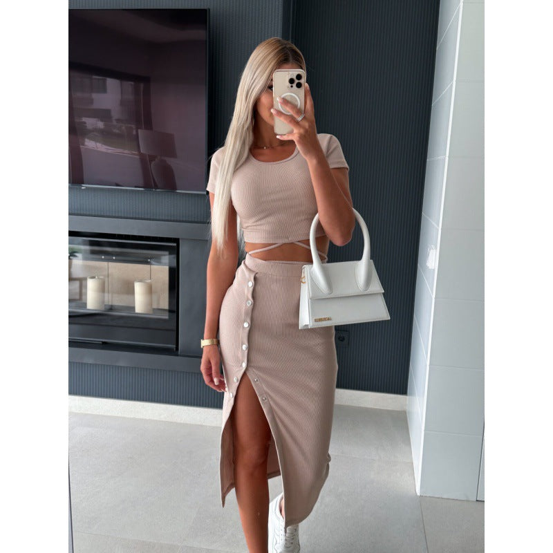 Women Ribbed Crop Top and Buttoned Midi Skirt Set Lune London