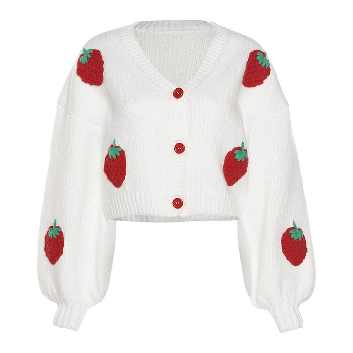Knitted jacket for women with strawberry appliqués and loose sleeves Lune London