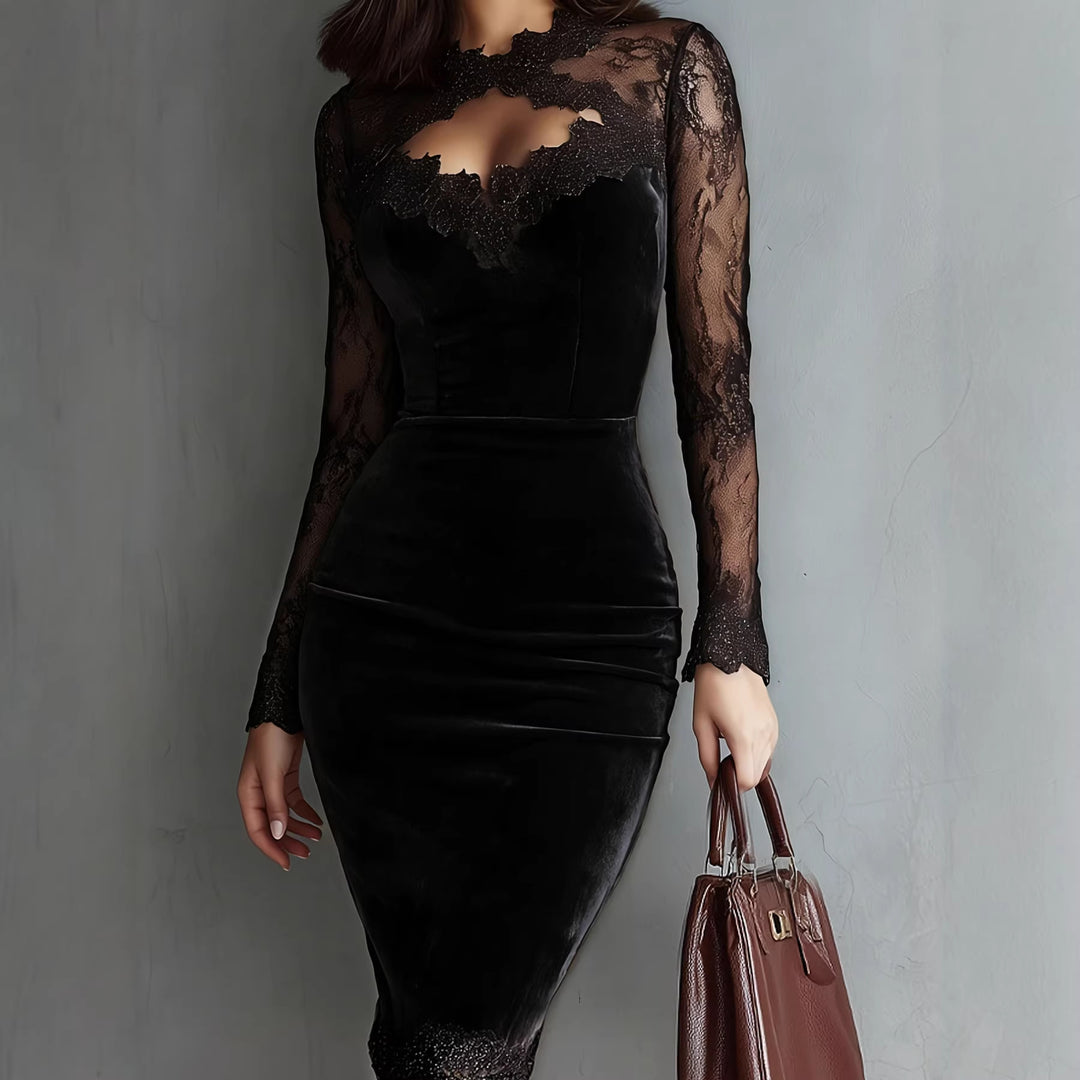 Ladies Elegant Velvet Dress with Lace Inserts and Tailored Cut Lune London