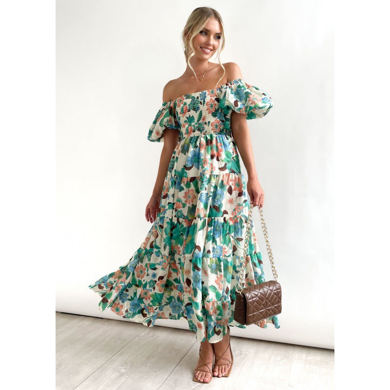 Maxi dress with ruffles off the shoulders for women with floral pattern Lune London