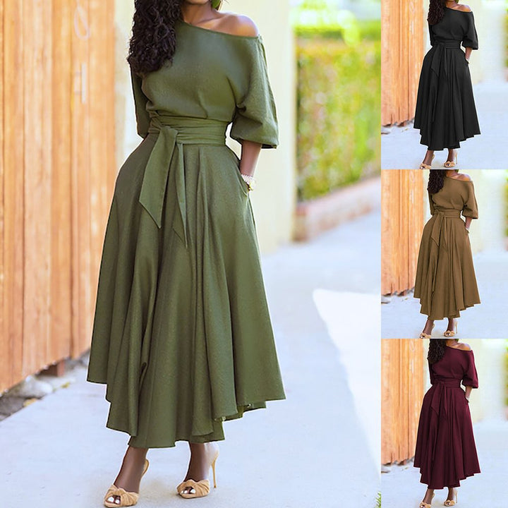 Elegant midi dresses for women with an off-shoulder design and a belt at the waist Lune London