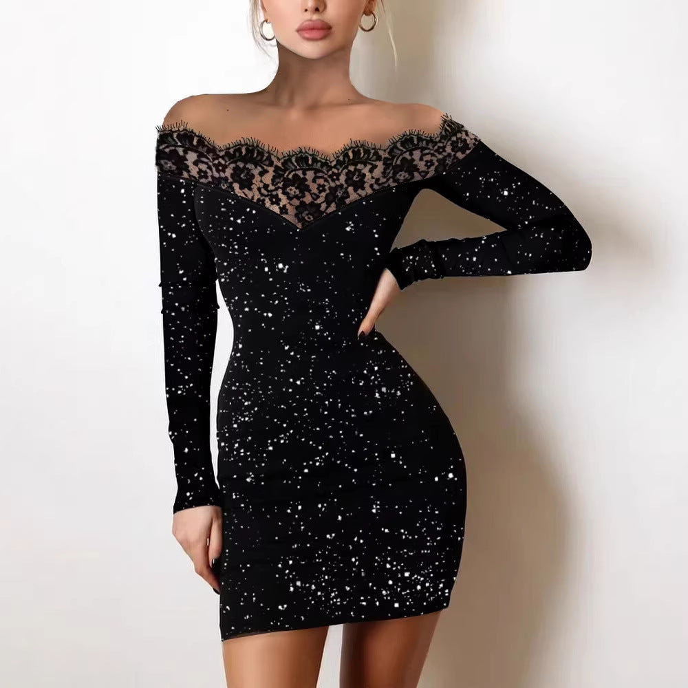 Ladies Off-shoulder Dress with Lace Trim Lune London
