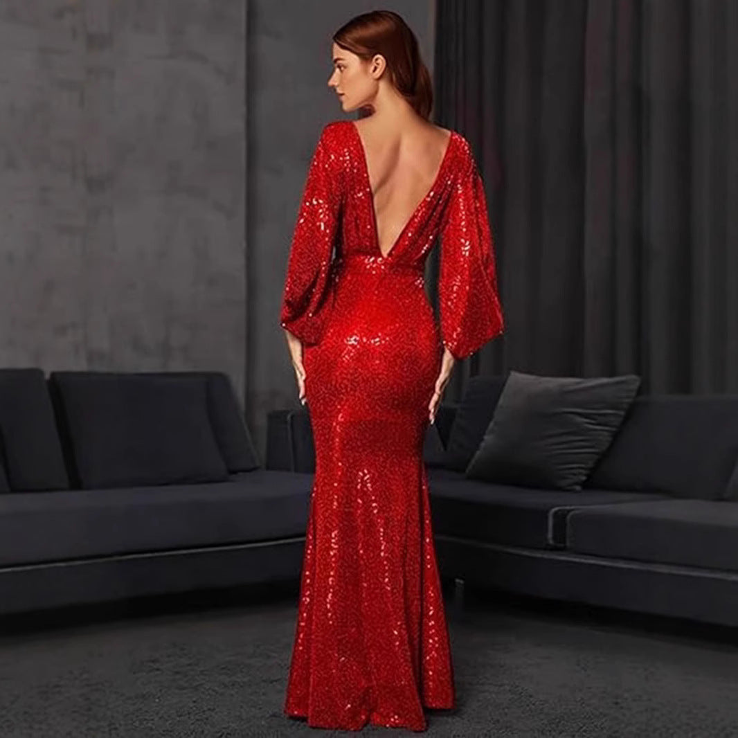 Women's Glamorous Sequin Evening Dress with Deep V-Neck and Flowing Skirt Lune London