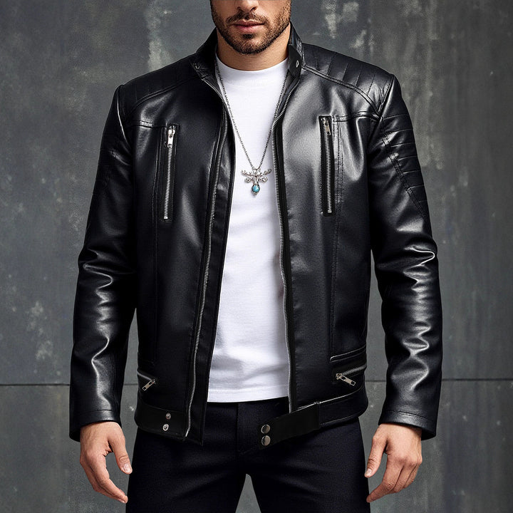 Trendy men's leather biker jacket with asymmetrical zipper and chic and stylish details