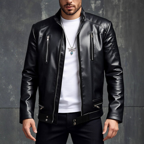 Trendy men's leather biker jacket with asymmetrical zipper and chic and stylish details