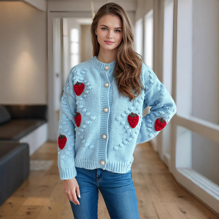 Knit jacket for women with a playful strawberry pattern and Lune London button details