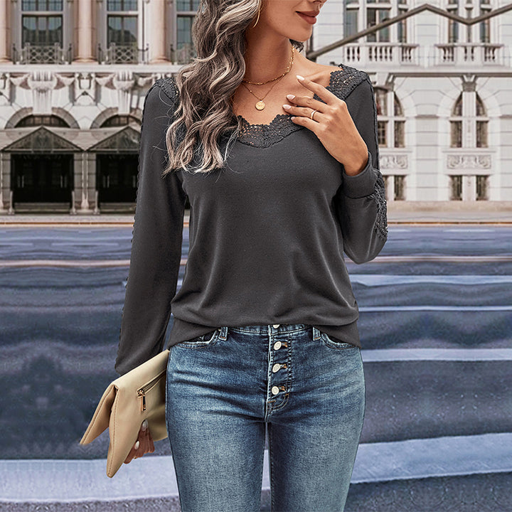 Women's long sleeve blouse with lace decorations and V-neck Lune London