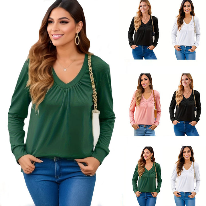Woman long sleeve V-neck t-shirt with elegant draping and a relaxed fit Lune London