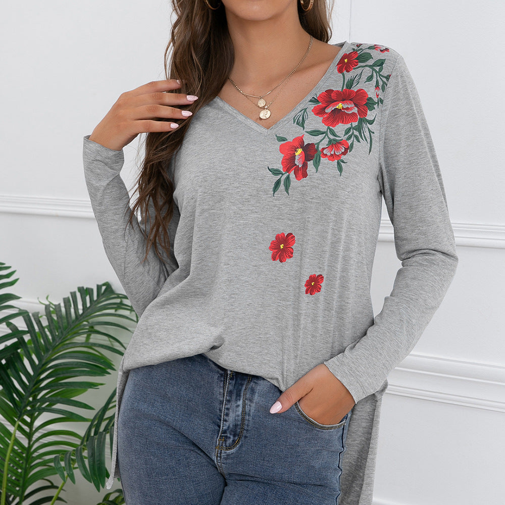Long sleeve women's t-shirt with floral print and V-neck Lune London