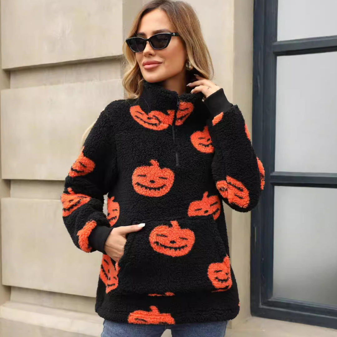 Women’s plush sweater with Halloween pattern and handy pockets Lune London
