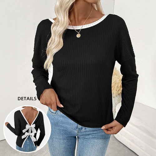 Women's long sleeve shirt with deep V-neck and bow decoration Lune London
