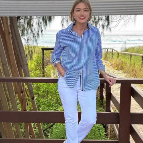 Striped long sleeve blouse for women with hidden button placket and loose fit Lune London
