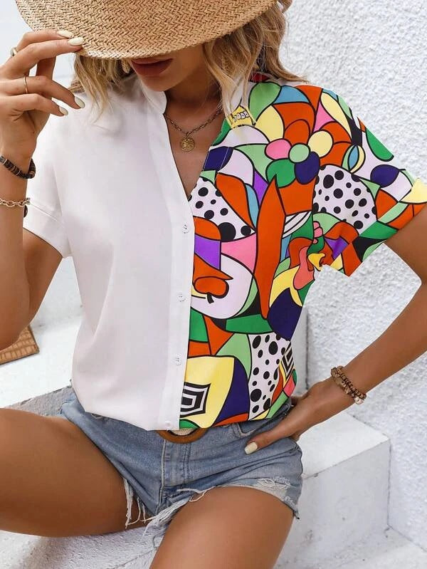 Colored patchwork short-sleeve shirt for ladies with button placket Lune London